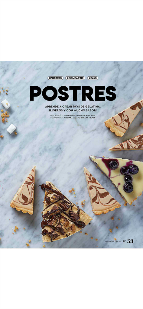 Cocina Fácil - Seccion de postres con rebanadas de pays de gelatina sobre marmol