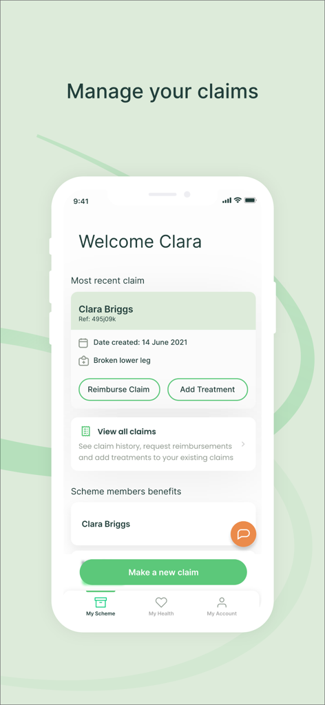 My Healix - My Healixアプリのスクリーンショットで、医療請求を管理するためのダッシュボードが表示され、払い戻しや新規請求の作成オプションがあります。