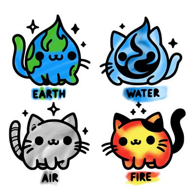 4 cats that represent the different elements, earth, water, air, and fire