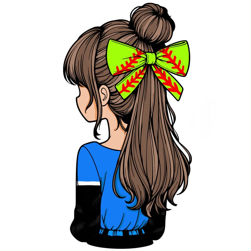 realistic girl  with hip length hair a bun and a big bow on the back of head