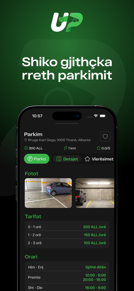 LookUp Parking - Tela do aplicativo LookUp Parking mostrando detalhes da vaga de estacionamento, incluindo localização, tarifas e fotos