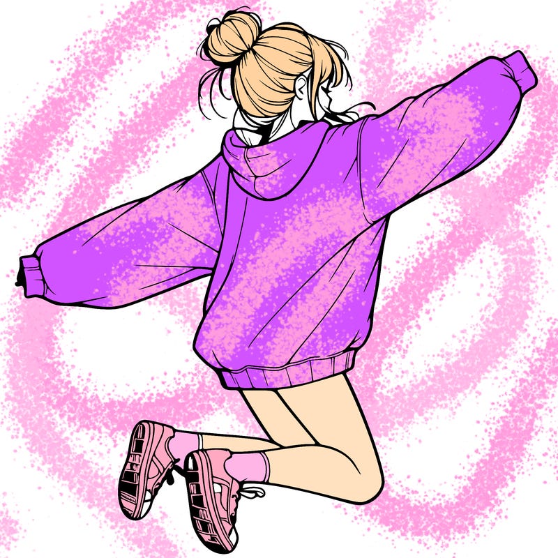 realistic girl jumping with a bun and oversized sweatshirt