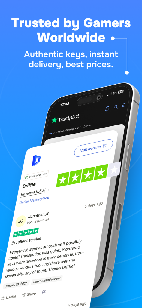 Una pantalla de smartphone que muestra una reseña de Trustpilot de cinco estrellas y el titular Confiado por jugadores de todo el mundo para la aplicación Driffle Marketplace