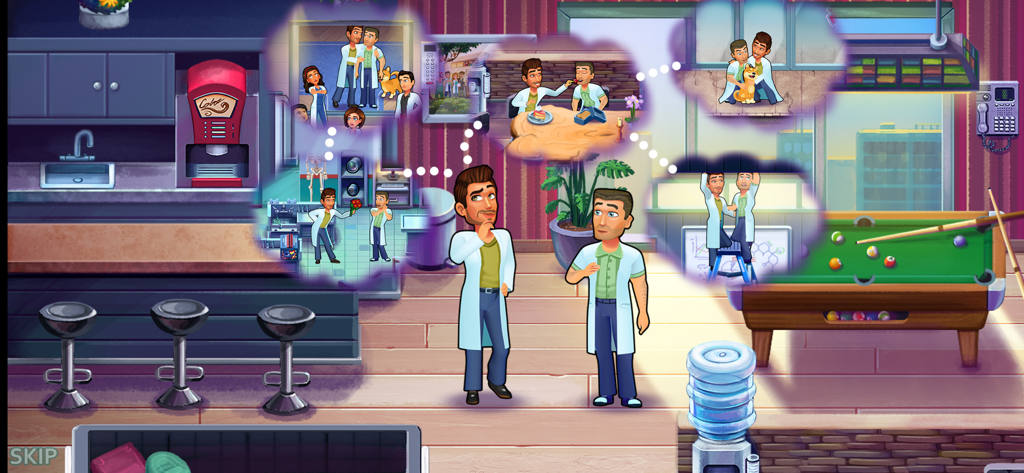 Heart's Medicine - Doctor Game - Eine Story-Zwischensequenz aus Heart's Medicine, die einen Arzt zeigt, der in Gedankenblasen an seinen Freund zurückdenkt.