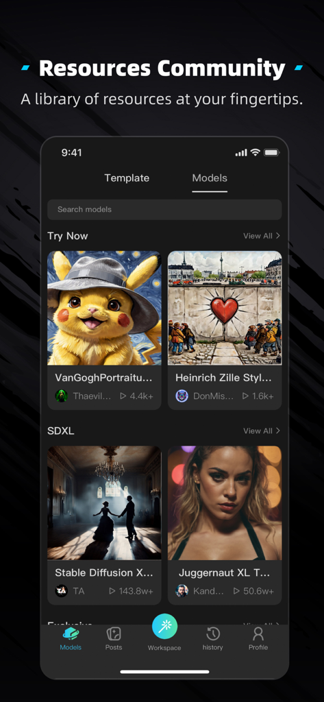 Interface do aplicativo TensorArt mostrando uma biblioteca comunitária de modelos e templates de arte IA