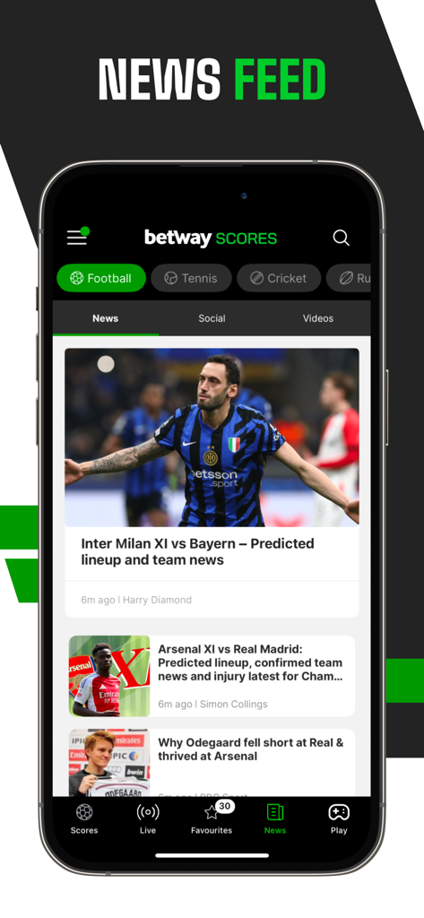 Betway Scores app displaying the latest sports news feed on a mobile device.