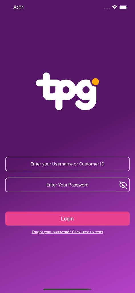 My TPG - Login screen for the My TPG utility app featuring username and password input fields over a purple background