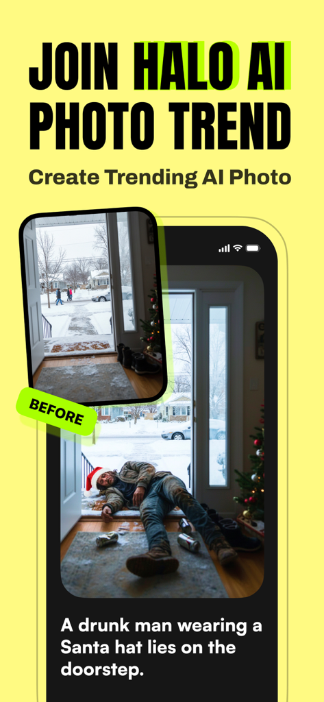 Before and after demonstration showing a snowy doorway transformed into a funny photo of a man in a Santa hat using a text prompt in Halo AI.