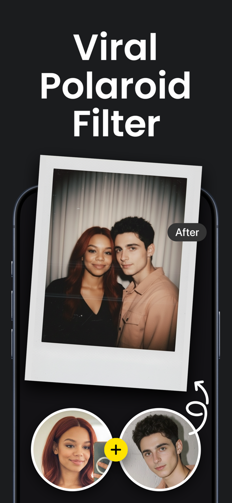 AI Photo Generator: ARTA - An AI generated polaroid photo of a couple created by combining two individual portraits using a viral filter.