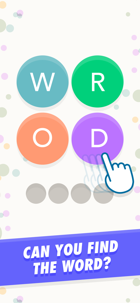 WordBubbles! - A mobile word game screen showing a hand swiping to connect letter bubbles to form a word