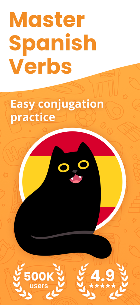 ConjuGato: Learn Spanish Verbs - ConjuGato app promotional graphic featuring a black cat mascot and Spanish verb conjugation practice text
