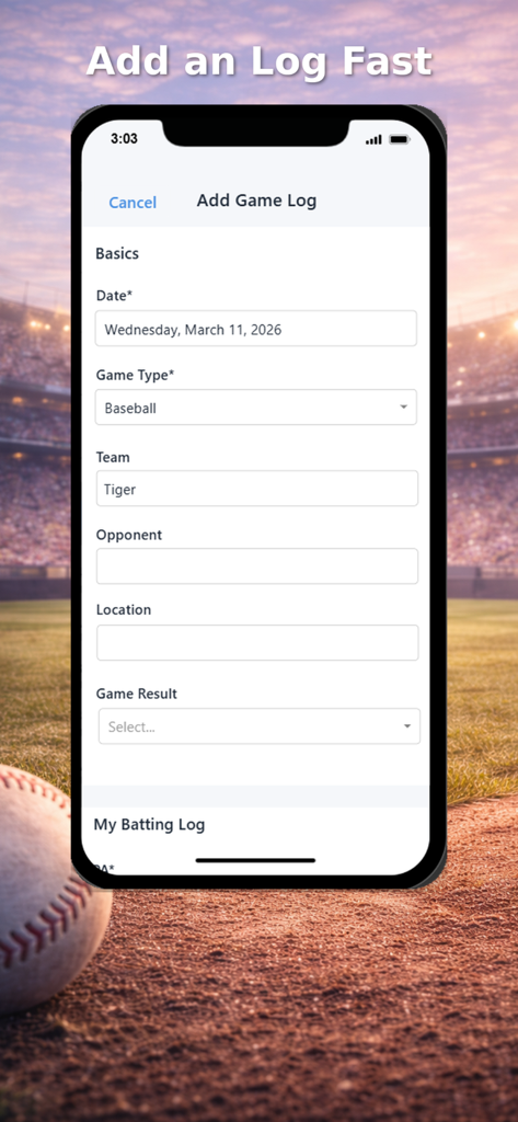 My Batting Log - Agregando una nueva entrada de juego en la interfaz de la aplicación Mi Registro de Bateo
