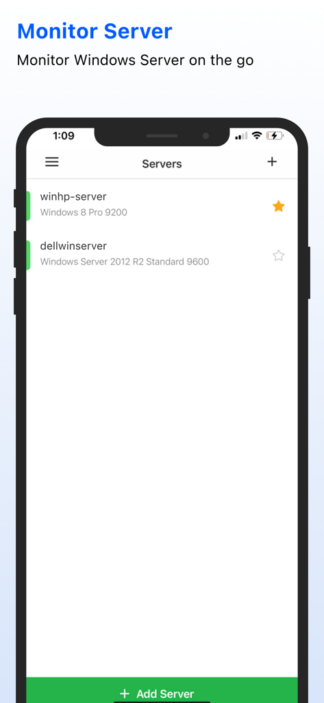 Mobile Oberfläche mit einer Liste der überwachten Windows-Server mit Betriebssystemversionen.