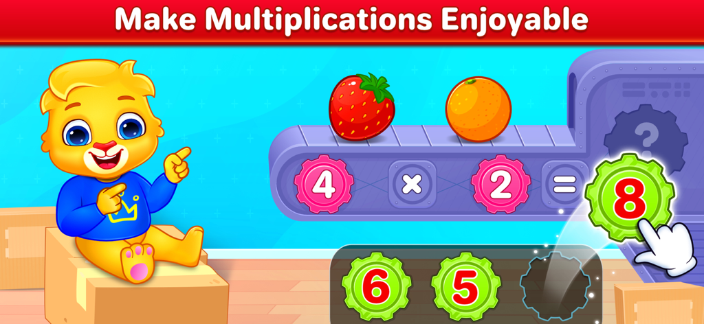 Cartoon lion character in a math game showing a multiplication problem with gear-shaped numbers and colorful fruit