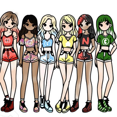 a group of girls wearing crop tops and shorts