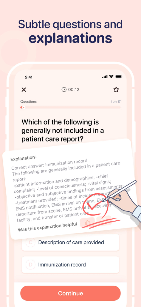 EMT Exam Prep 2026 - A mobile screen showing an EMT practice question with a detailed answer explanation for NREMT exam preparation.