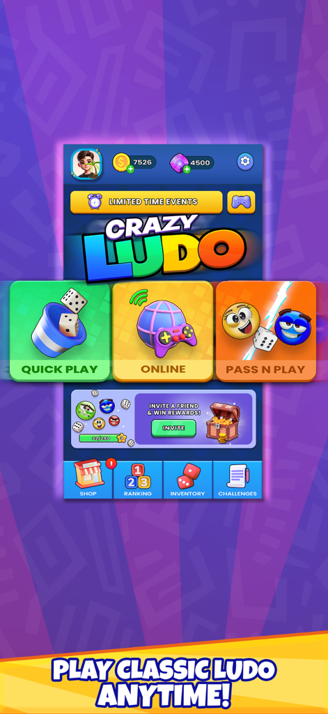 The main menu of Crazy Ludo app showing Quick Play, Online, and Pass n Play modes