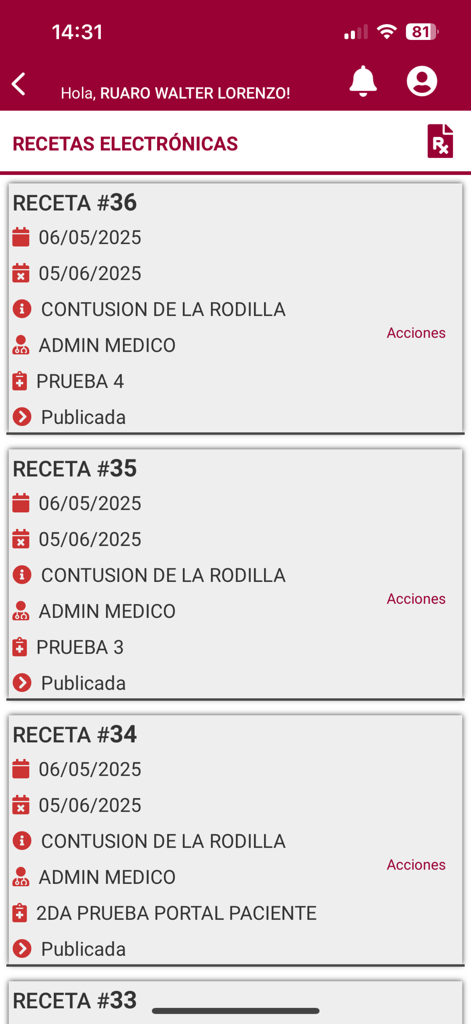 Mi Penta Virtual - Lista de recetas electrónicas en la app móvil Mi Penta Virtual que muestra detalles de la receta y estado médico.
