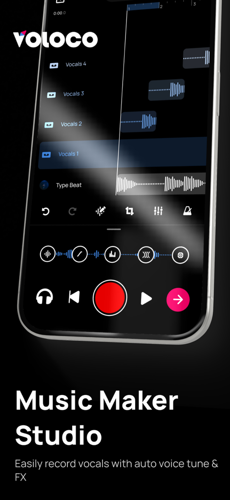 Smartphone displaying the Voloco multi-track vocal recording studio interface with auto-tune and audio effects.