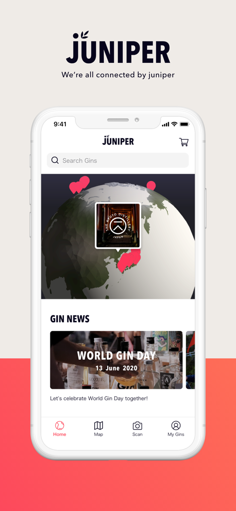 JUNIPER - App for Gin Lovers - JUNIPER app home screen showing a global gin discovery map and Gin News section.