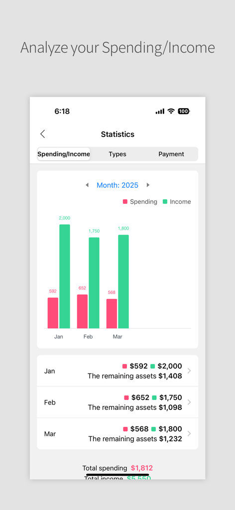 A statistics screen in the Daily Pocket app showing a monthly bar chart comparing spending and income alongside a summary of remaining assets.