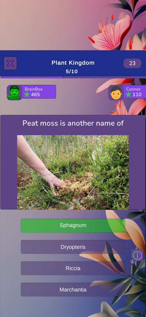 Botany Knowledge Quiz - ミズゴケに関する問題が出題される、植物学知識クイズアプリのマルチプレイヤークイズ画面。