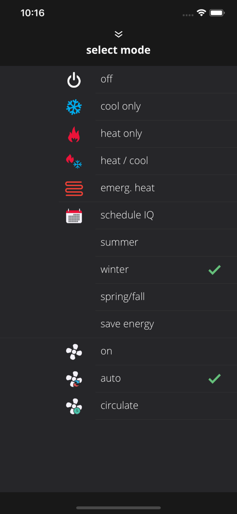Interface for selecting heating cooling and fan modes in the Lennox iComfort T-Stat app