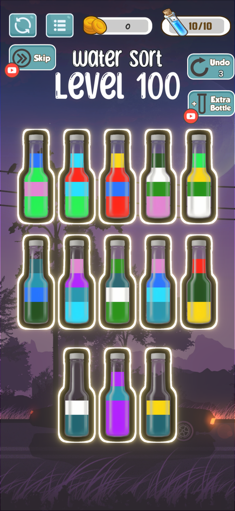 Water Sort Master: Bottle Fill - Gameplay screen of Water Sort Master showing glass bottles with multi-colored liquids to be sorted at level 100