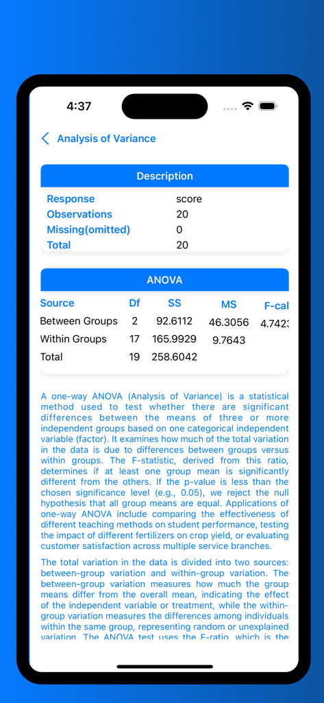 StatPro: Data Analytics - An Analysis of Variance ANOVA table and educational statistics notes displayed on the StatPro app interface.