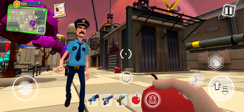 Juego en primera persona de Dark Riddle 2 Mars mostrando un personaje de oficial de policía en un entorno industrial de ciencia ficción