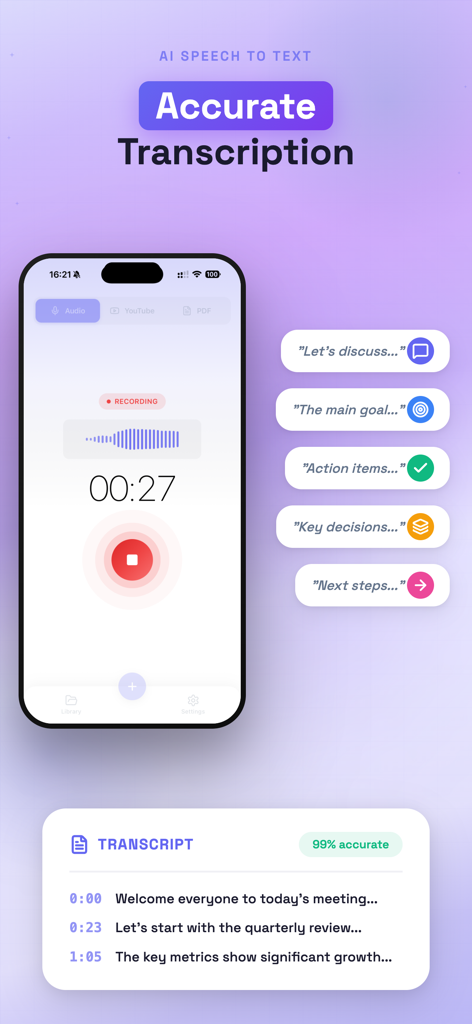 SpeakNotes app displaying accurate AI speech to text transcription and meeting action items.