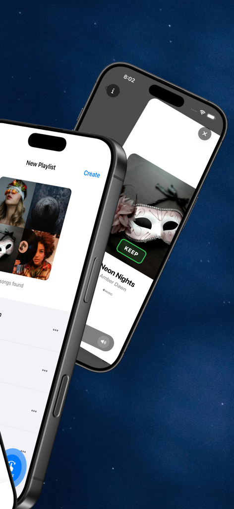 Interface de l'application mobile sono AI montrant la création de playlist par IA et la prévisualisation des chansons.