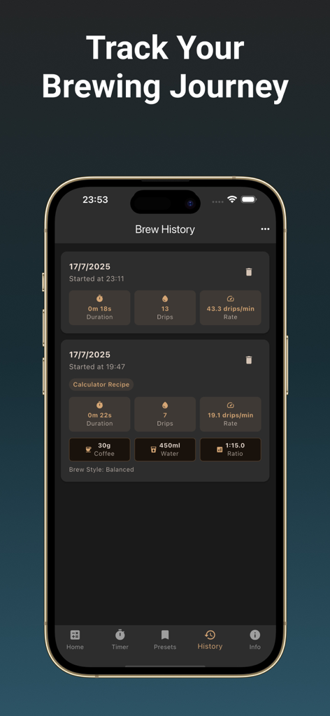 CoffeeDrip - Brew History screen of CoffeeDrip app tracking drip rates and coffee ratios
