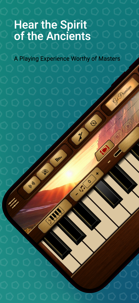 Duduk Sim - Duduk Sim app interface showing a wooden keyboard and a sunset background with the text Hear the Spirit of the Ancients.