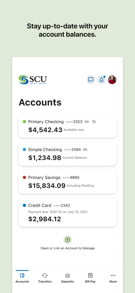 SCU Credit Union mobile app dashboard displaying checking and savings account balances