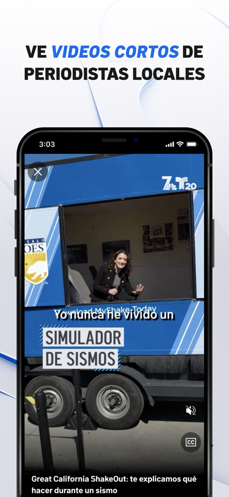 Telemundo 20 San Diego - Telemundo 20 San Diego app screen showing short news videos from local journalists about an earthquake simulator