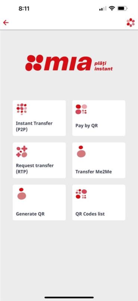 MIA instant payment menu in the ProCredit Moldova mobile app