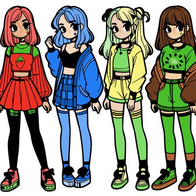 one girl with crop-top shirt and a jacket with a skirt, long socks and another girl with a shirt and pants with a jacket