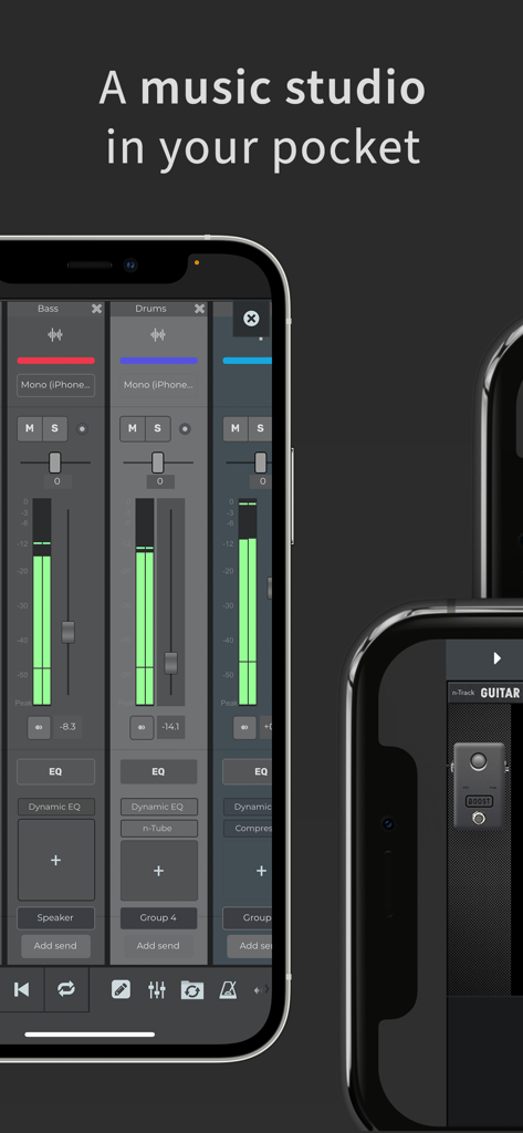 n-Track Studio Pro | DAW - n-Track Studio Pro mobile mixer interface with audio tracks and levels