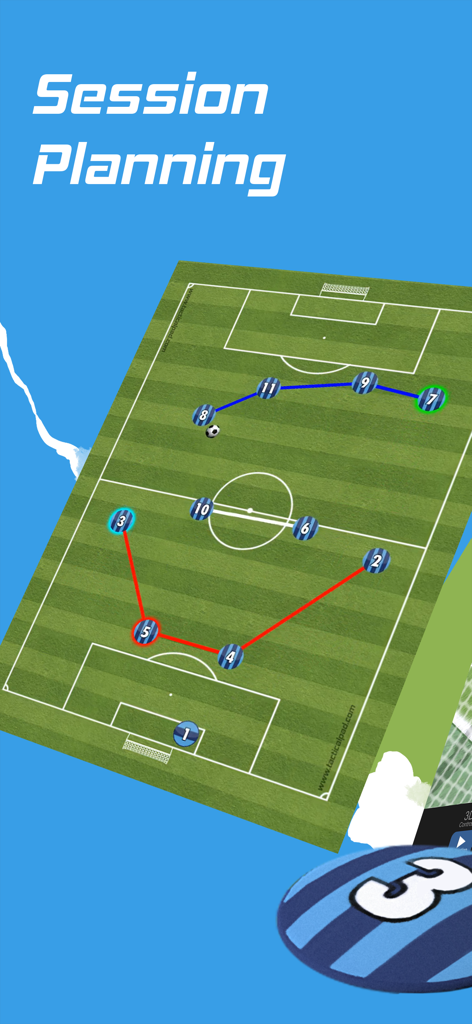 Campo da calcio con indicatori dei giocatori e linee di movimento tattico per la pianificazione della sessione di allenamento.