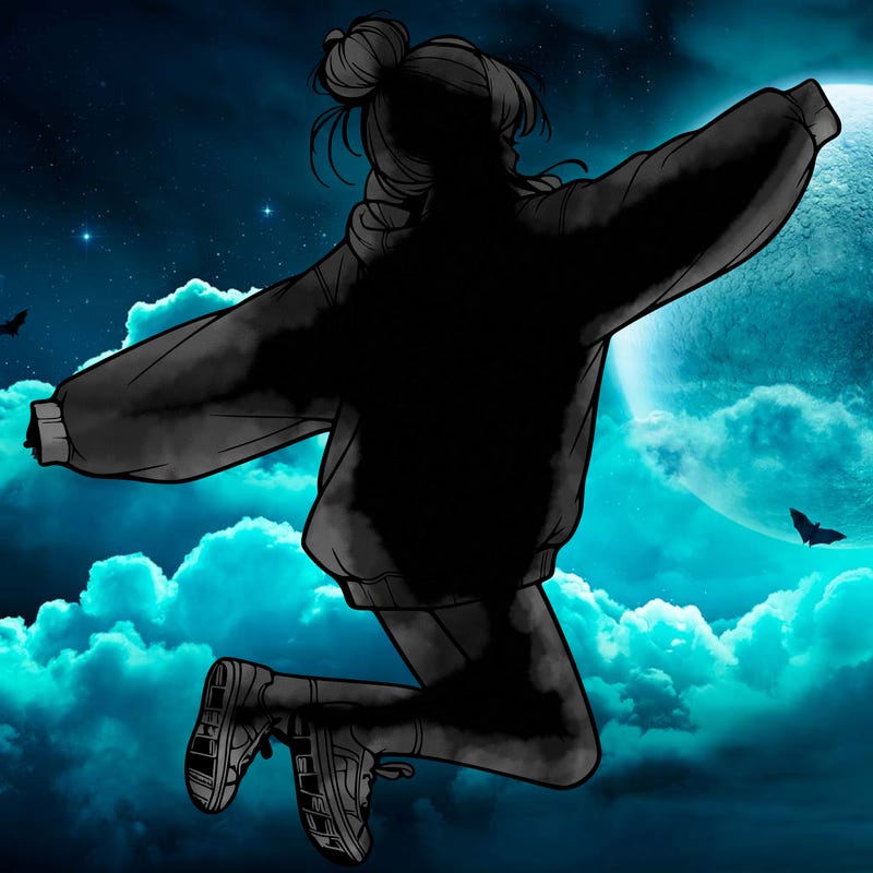 realistic girl jumping with a bun and oversized sweatshirt