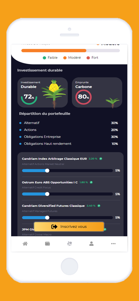 Zalpha - Zalpha app screen showing sustainable investment percentages and portfolio asset allocation