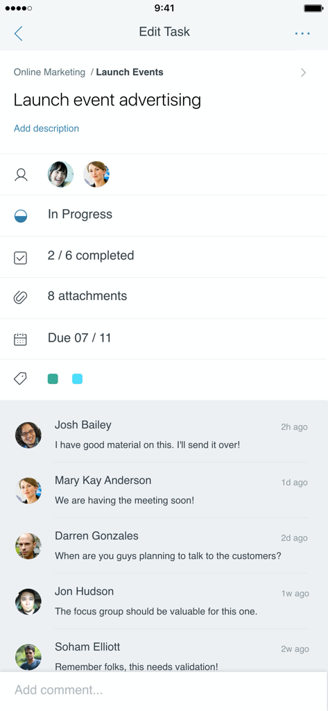 Microsoft Planner - Interface de l'application mobile Microsoft Planner montrant les détails d'une tâche avec la progression du statut et les commentaires de l'équipe