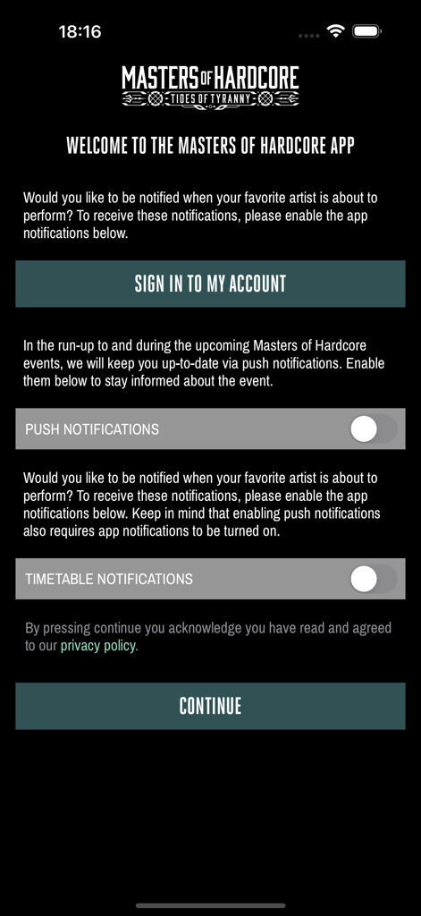 Tela de boas-vindas do aplicativo Masters of Hardcore com opções de notificação
