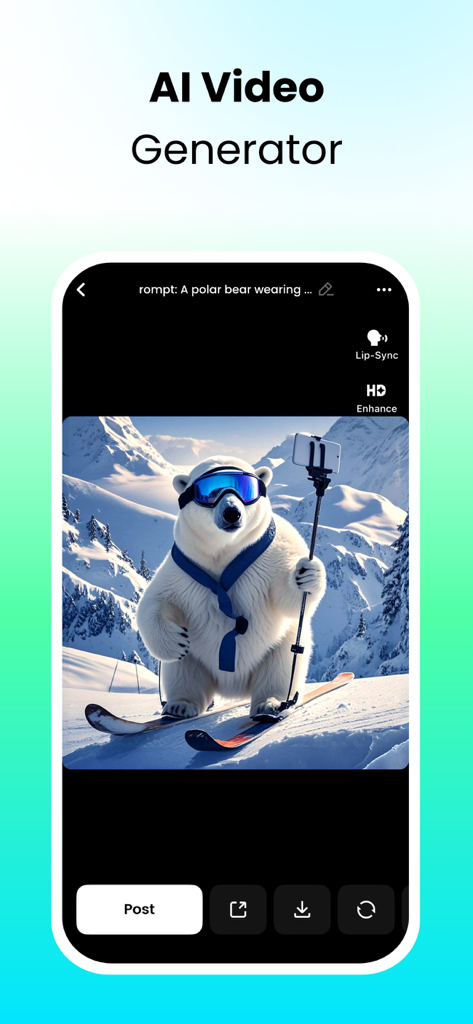 DreamFace: AI Video Generator - AI video generator screen showing a polar bear skiing in the mountains