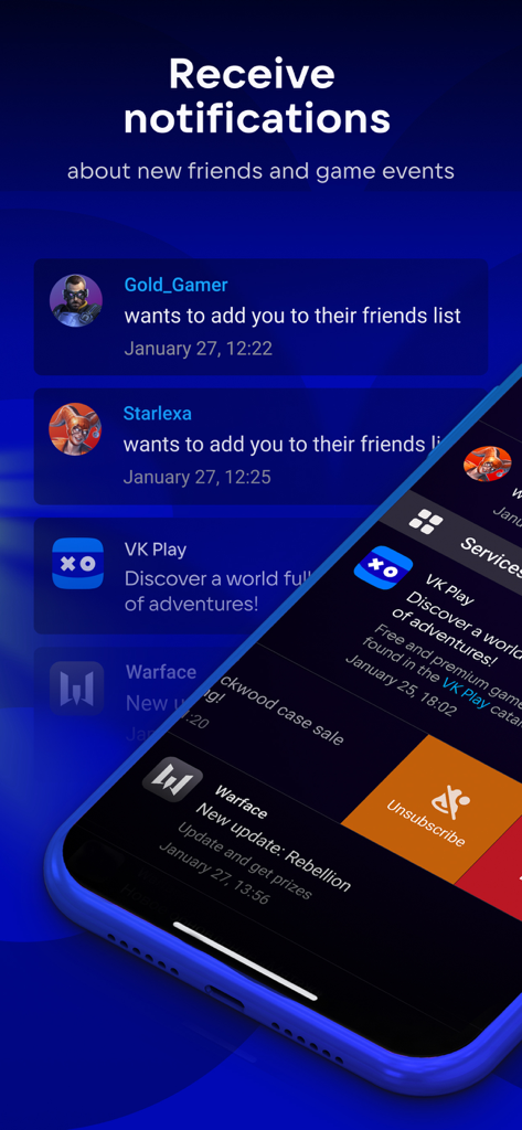 VK Play App - A mobile interface showing gaming notifications for friend requests and game updates in the VK Play app.
