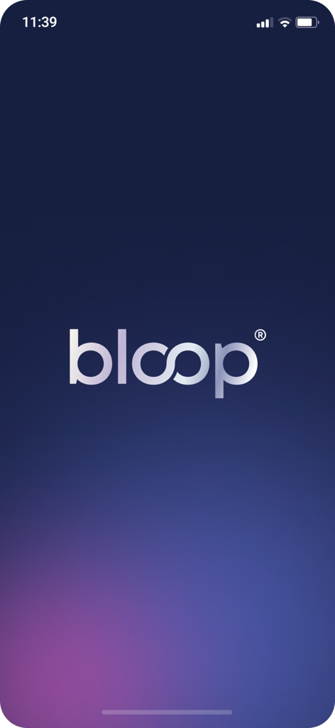 Bloop - Connect & Share - Pantalla de inicio de la aplicación Bloop con el logo sobre un fondo degradado azul oscuro y púrpura