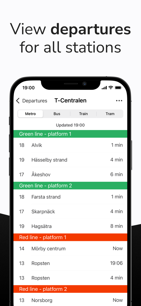Real-time metro departure board for T-Centralen station in the Sthlm Travel app.