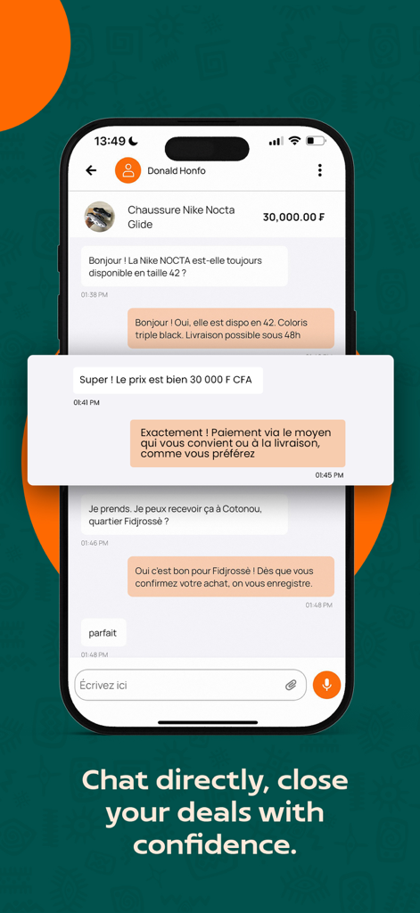 Jumli - Buy. Sell. Simple. - Direct chat interface in the Jumli app showing a buyer and seller negotiating a price for shoes.