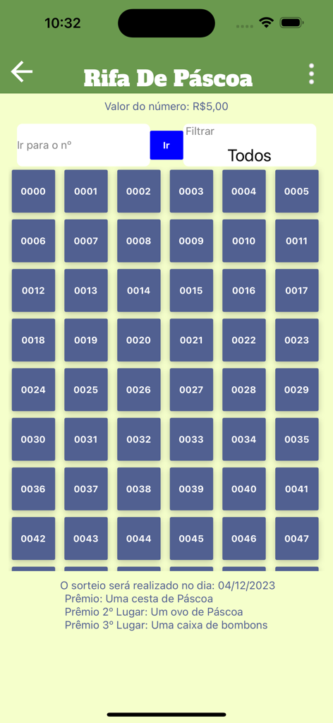 Rifa Fácil - Interface of the Rifa Facil app showing a grid of numbered tickets for an Easter raffle